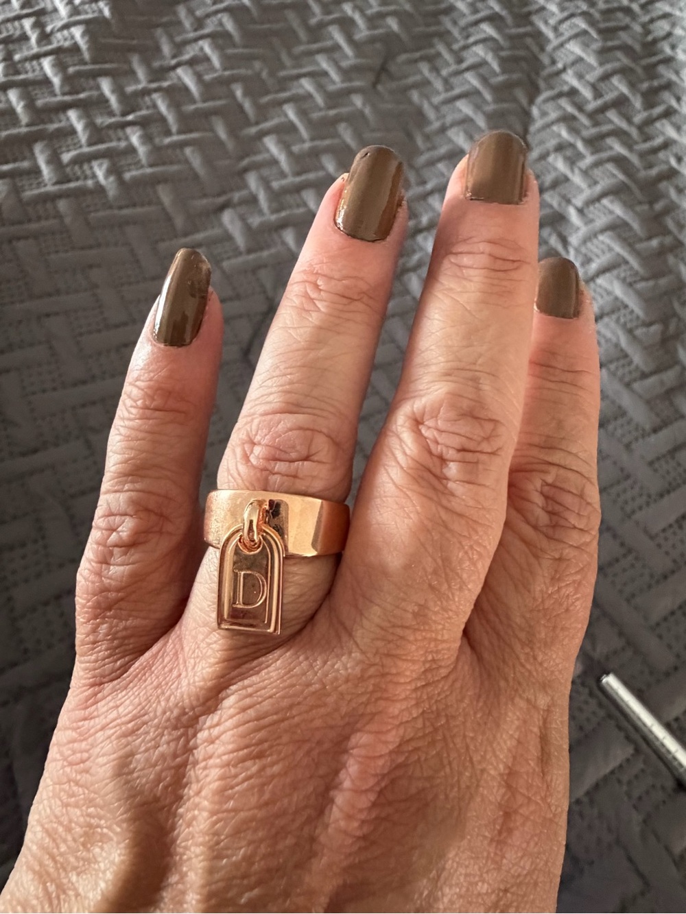Milor Rose Gold Band Ring with Dangling D Tag